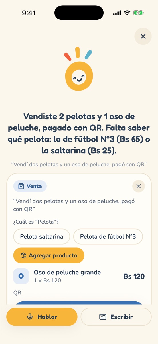 The app repeats the spoken sale and asks which ball she meant, the size-3 football or the bouncy ball.