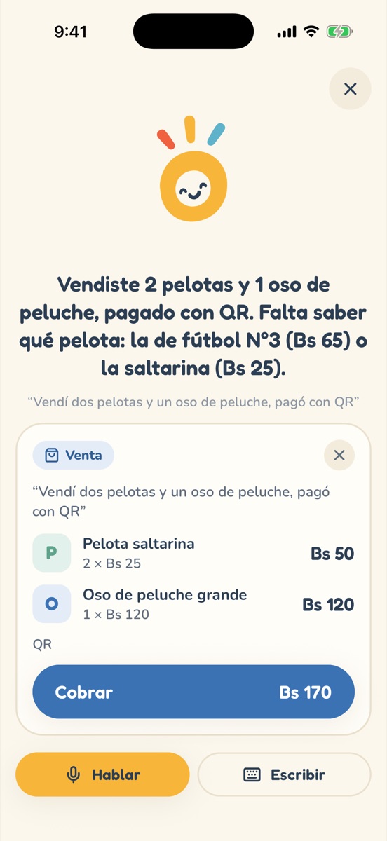The finished sale card: two bouncy balls and a teddy bear, paid by QR, ready to charge Bs 170.